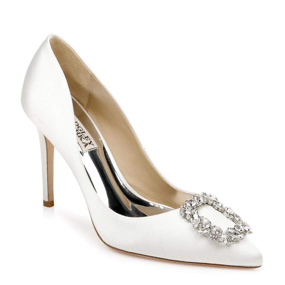 Badgley Mischka Cher Heels Satin White Size 5.5 Wedding Brooch Jewel